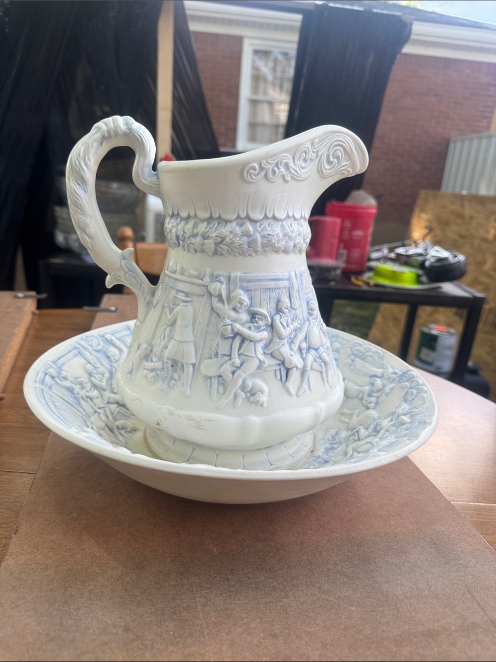 Vintage-Style White and Light Blue Ceramic Pitcher and Basin Set
